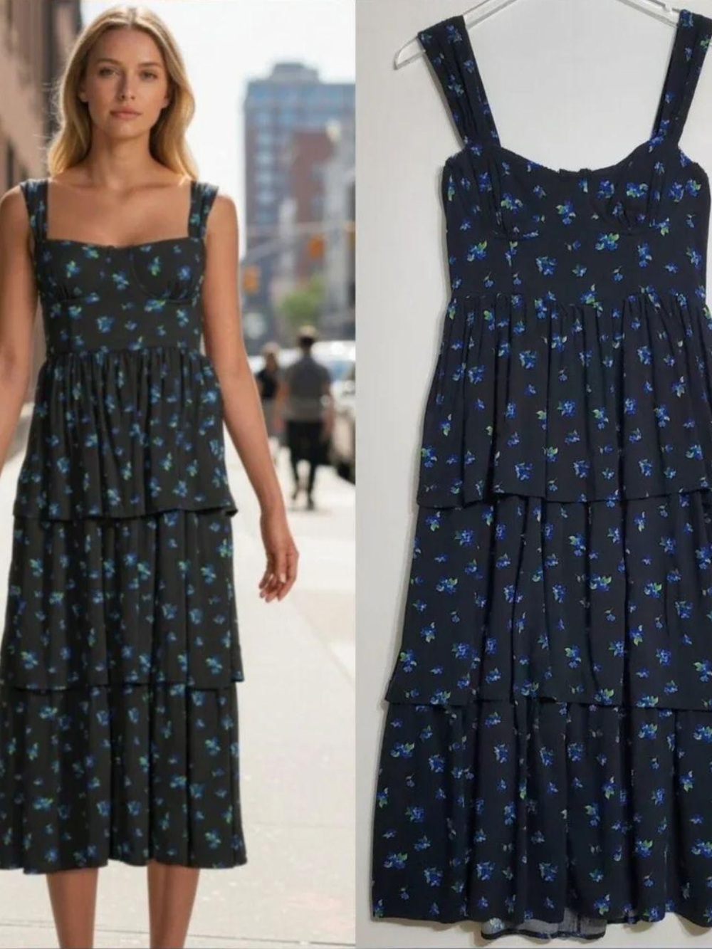 WeWoreWhat Navy Blue Floral Tiered Midi Dress